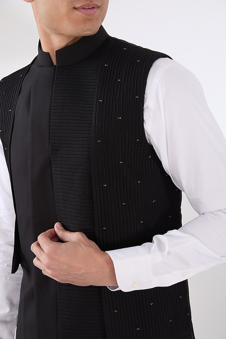 Black Wool Blend Asymmetric Nehru Jacket Set by Amaare at Pernia's Pop Up Shop