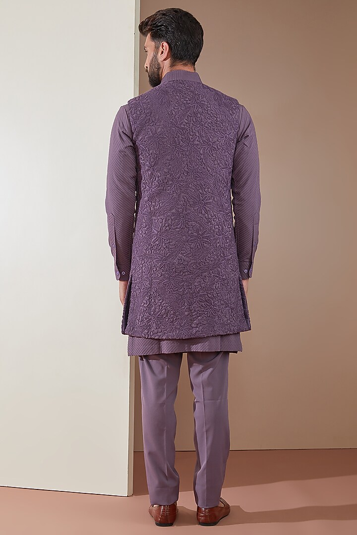 Mauve Habutai Silk Thread Hand Embroidered Groom Indowestern Set by Amaare at Pernia's Pop Up Shop