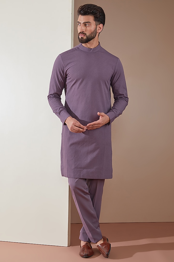 Mauve Habutai Silk Thread Hand Embroidered Groom Indowestern Set by Amaare at Pernia's Pop Up Shop