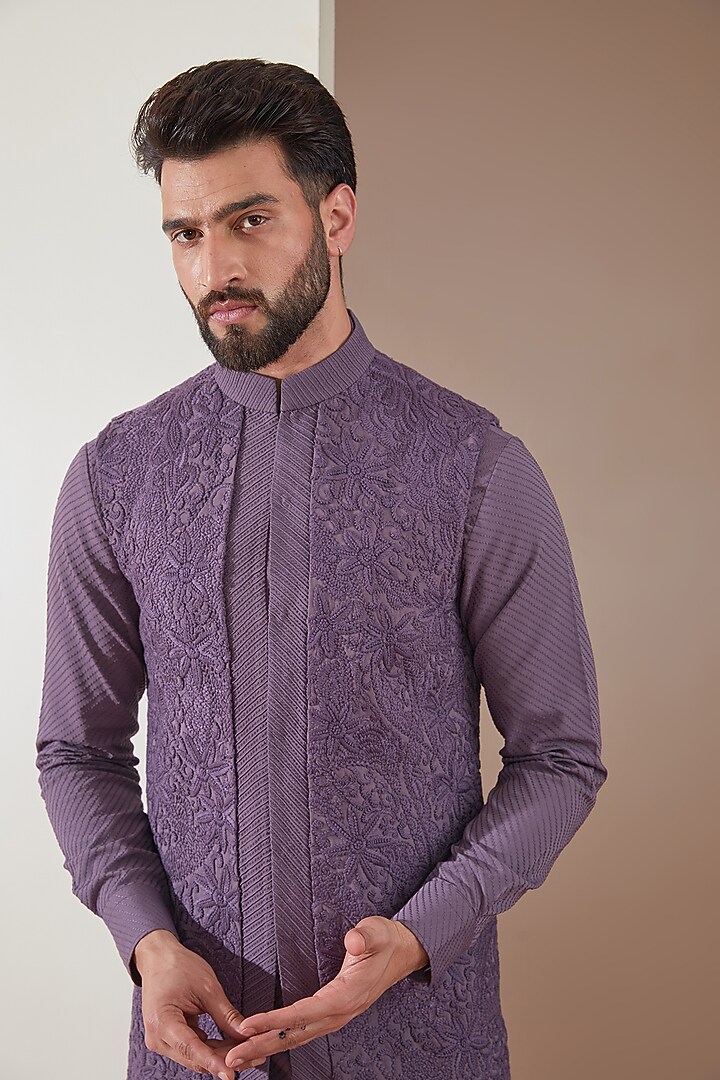 Mauve Habutai Silk Thread Hand Embroidered Groom Indowestern Set by Amaare at Pernia's Pop Up Shop
