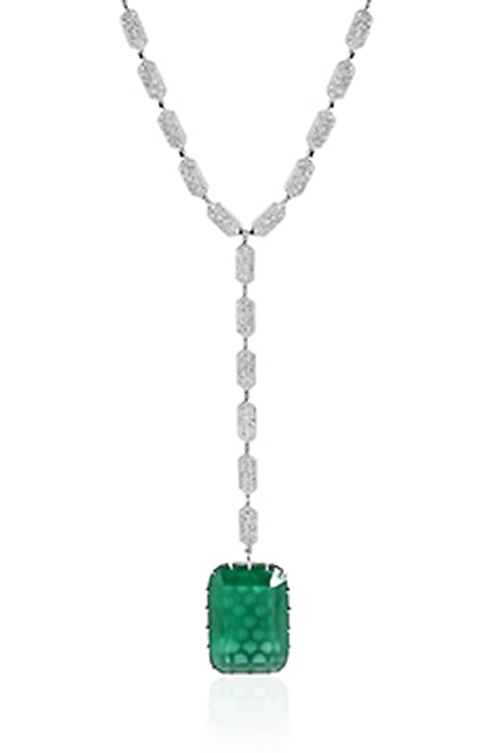 14kt White Gold Finish Diamond & Green Stone Necklace by Amaris Jewels at Pernia's Pop Up Shop