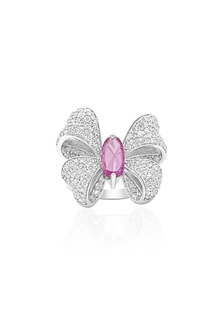 14kt White Gold Finish Diamond & Ruby Bow Ring by Amaris Jewels