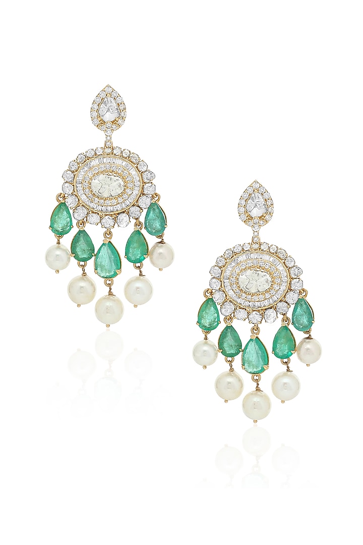 14kt Yellow Gold Finish Diamond & Emerald Dangler Earrings by Amaris Jewels at Pernia's Pop Up Shop