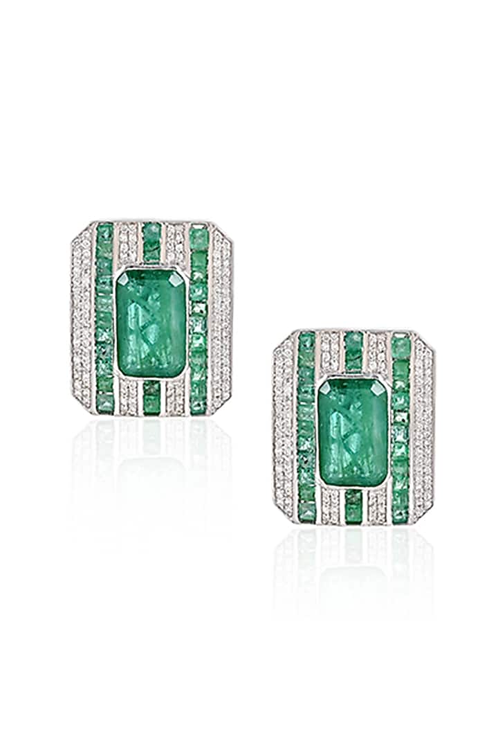 14kt White Gold Finish Diamond & Zambian Emerald Stud Earrings by Amaris Jewels at Pernia's Pop Up Shop