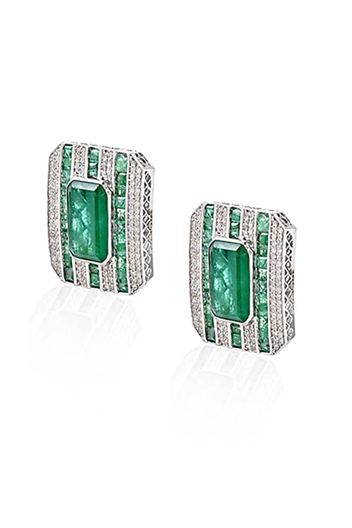 14kt White Gold Finish Diamond & Zambian Emerald Stud Earrings by Amaris Jewels at Pernia's Pop Up Shop