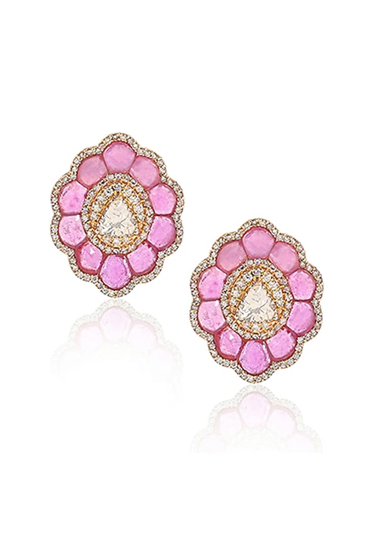 14kt Yellow Gold Finish Diamond & Ruby Floral Stud Earrings by Amaris Jewels at Pernia's Pop Up Shop