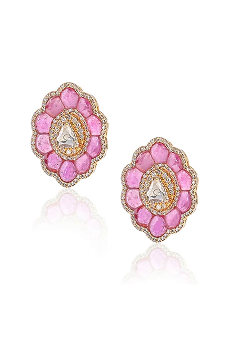 14kt Yellow Gold Finish Diamond & Ruby Floral Stud Earrings by Amaris Jewels at Pernia's Pop Up Shop