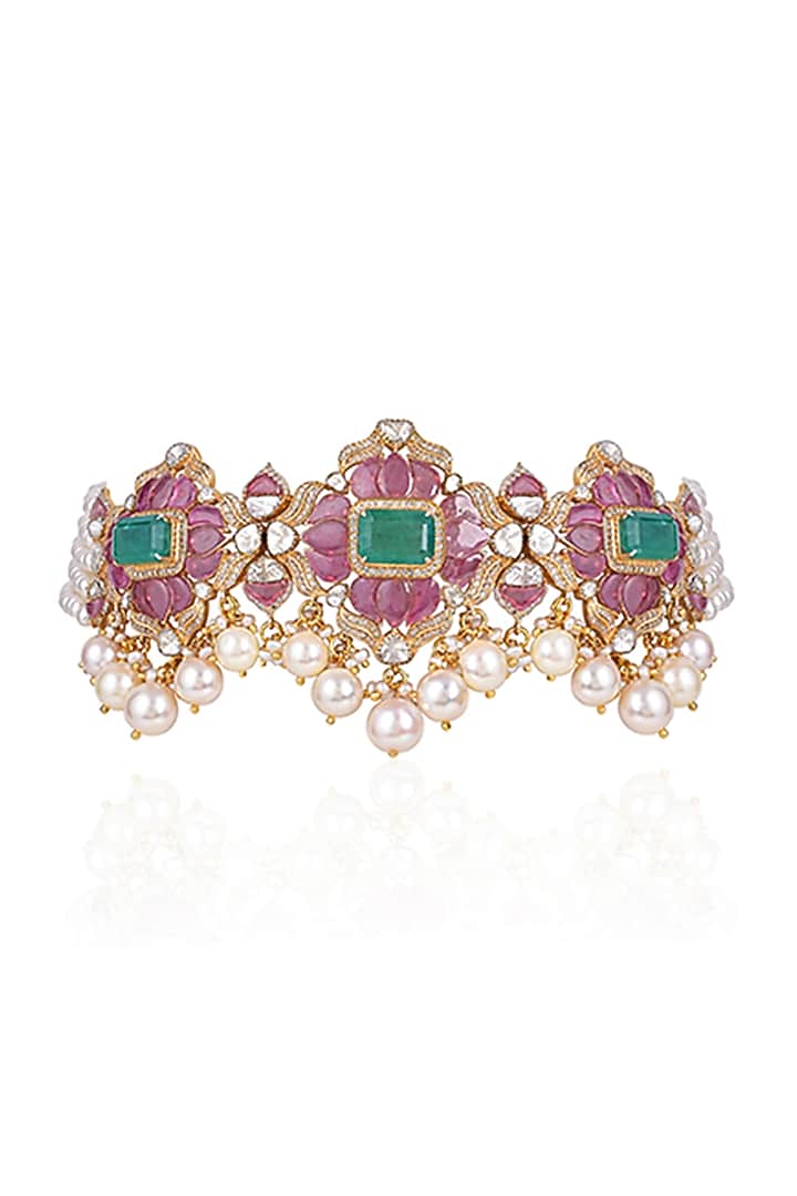 18kt Yellow Gold Finish Diamond & Emerald Lotus Necklace by Amaris Jewels at Pernia's Pop Up Shop
