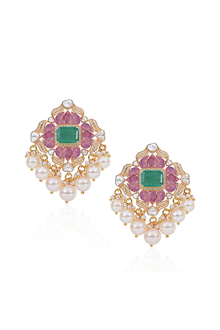 18kt Yellow Gold Finish Diamond & Emerald Lotus Earrings by Amaris Jewels at Pernia's Pop Up Shop