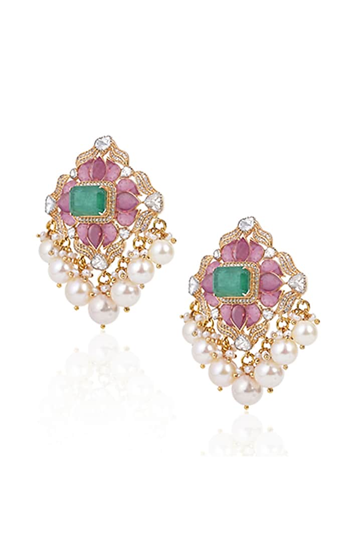 18kt Yellow Gold Finish Diamond & Emerald Lotus Earrings by Amaris Jewels at Pernia's Pop Up Shop