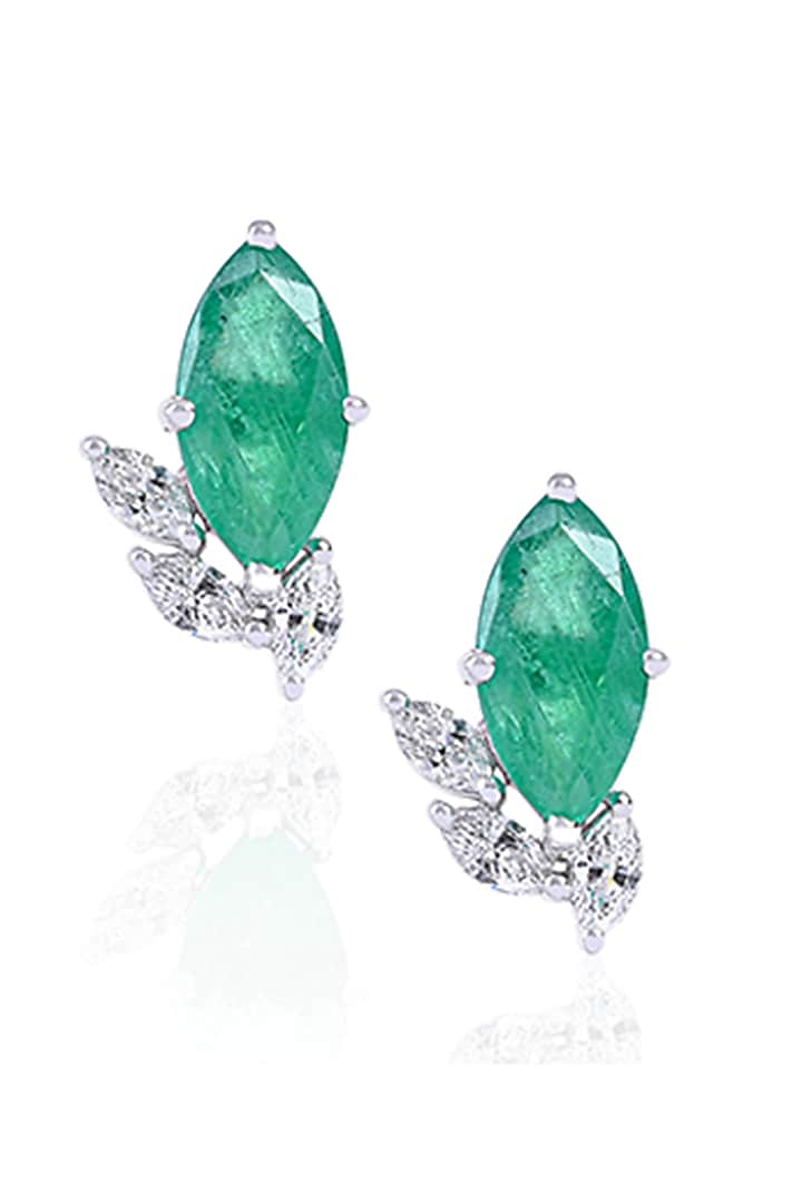 14kt White Gold Finish Diamond & Emerald Leaf Earrings by Amaris Jewels at Pernia's Pop Up Shop