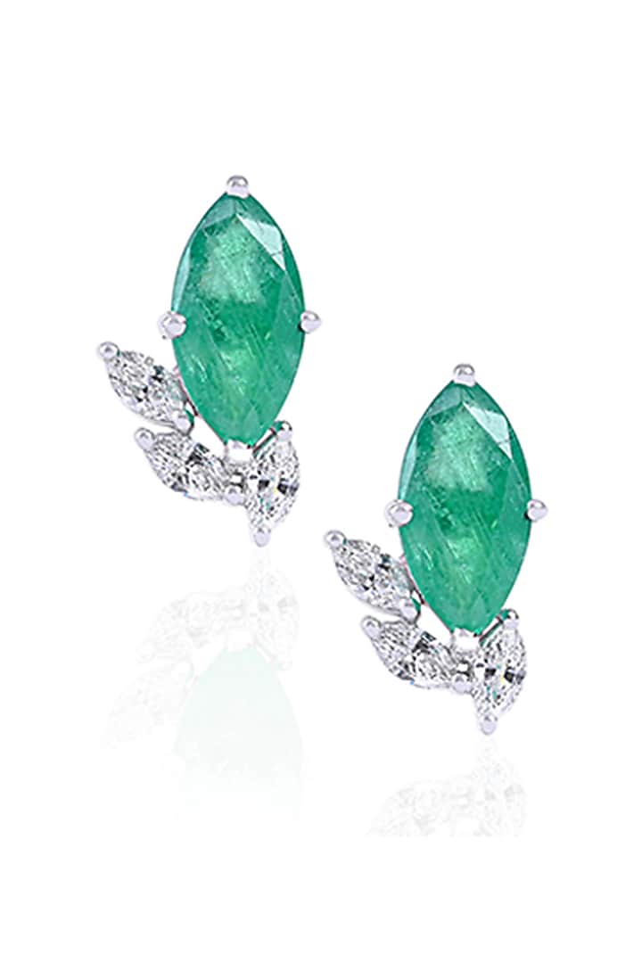 14kt White Gold Finish Diamond & Emerald Leaf Earrings by Amaris Jewels at Pernia's Pop Up Shop
