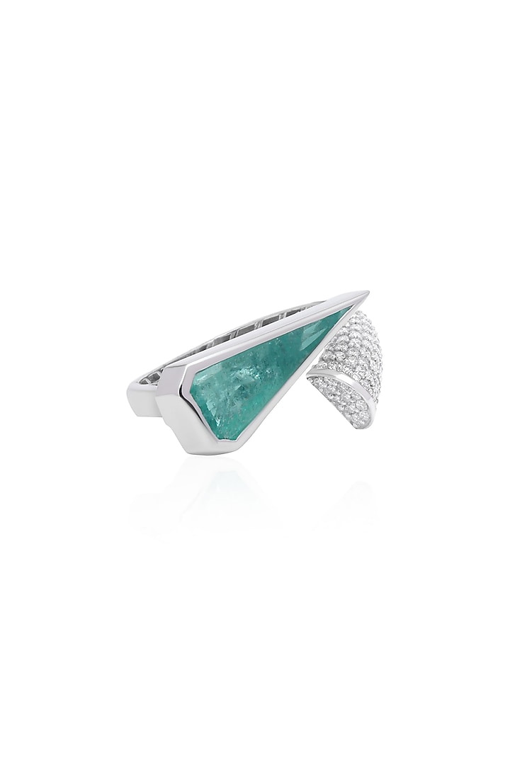 14kt White Gold Finish Diamond & Emerald Arrow Ring by Amaris Jewels at Pernia's Pop Up Shop