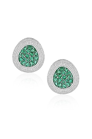 14kt White Gold Finish Diamond & Emerald Stud Earrings by Amaris Jewels