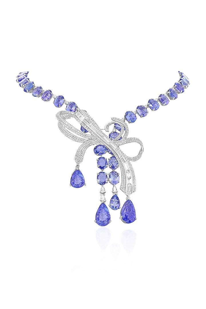 14kt White Gold Finish Diamond & Tanzanite Bow Necklace by Amaris Jewels at Pernia's Pop Up Shop