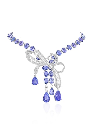 14kt White Gold Finish Diamond & Tanzanite Bow Necklace by Amaris Jewels