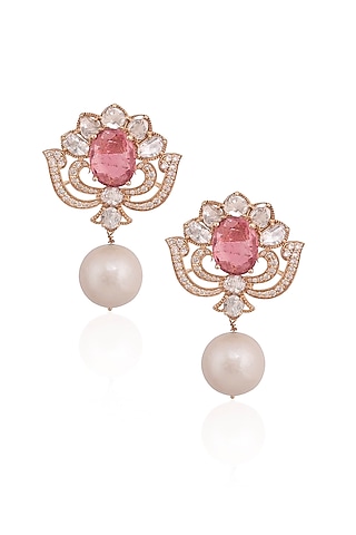 14kt Yellow Gold Finish Diamond & Pearl Rosette Stud Earrings by Amaris Jewels