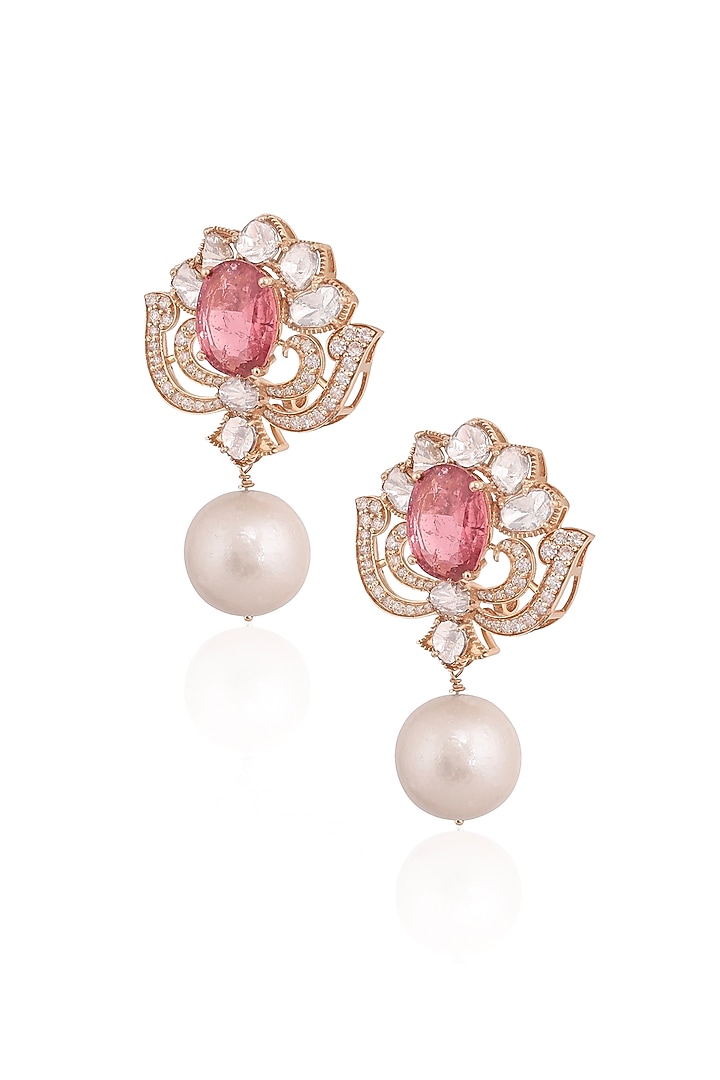 14kt Yellow Gold Finish Diamond & Pearl Rosette Stud Earrings by Amaris Jewels at Pernia's Pop Up Shop