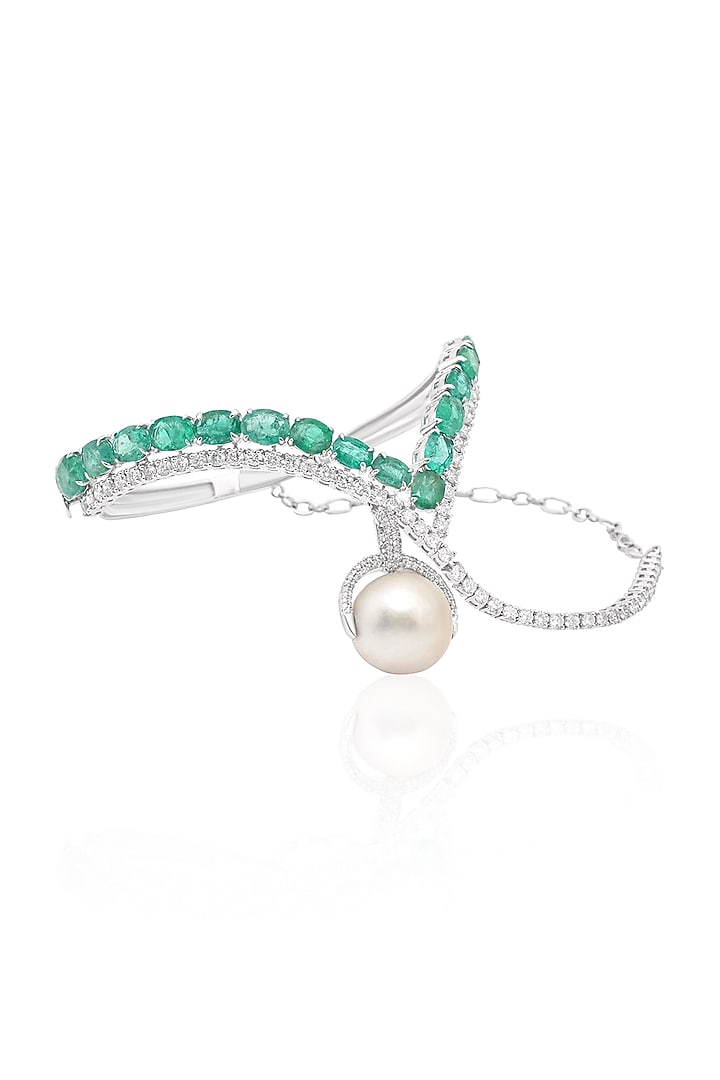 14kt White Gold Finish Diamond & Emerald Palm Cuff by Amaris Jewels at Pernia's Pop Up Shop