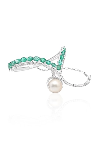 14kt White Gold Finish Diamond & Emerald Palm Cuff by Amaris Jewels