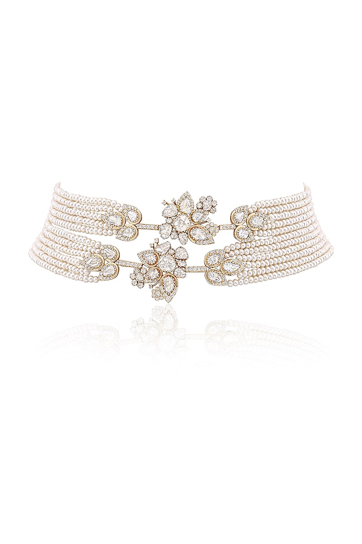 14kt Yellow Gold Finish Diamond & Pearl Choker Necklace by Amaris Jewels at Pernia's Pop Up Shop