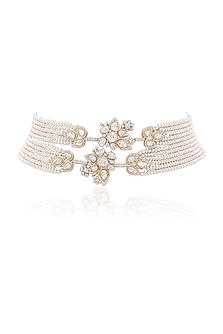 14kt Yellow Gold Finish Diamond & Pearl Choker Necklace by Amaris Jewels
