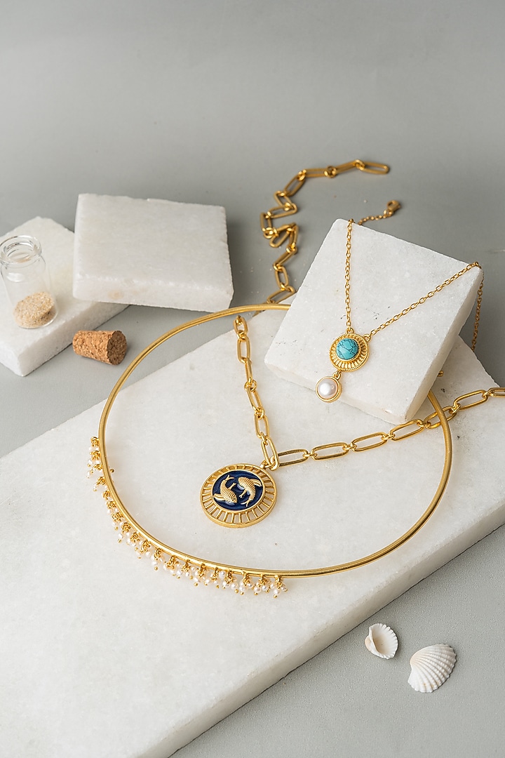 Gold Finish Layered Pisces Necklace Set by AMAMA at Pernia's Pop Up Shop