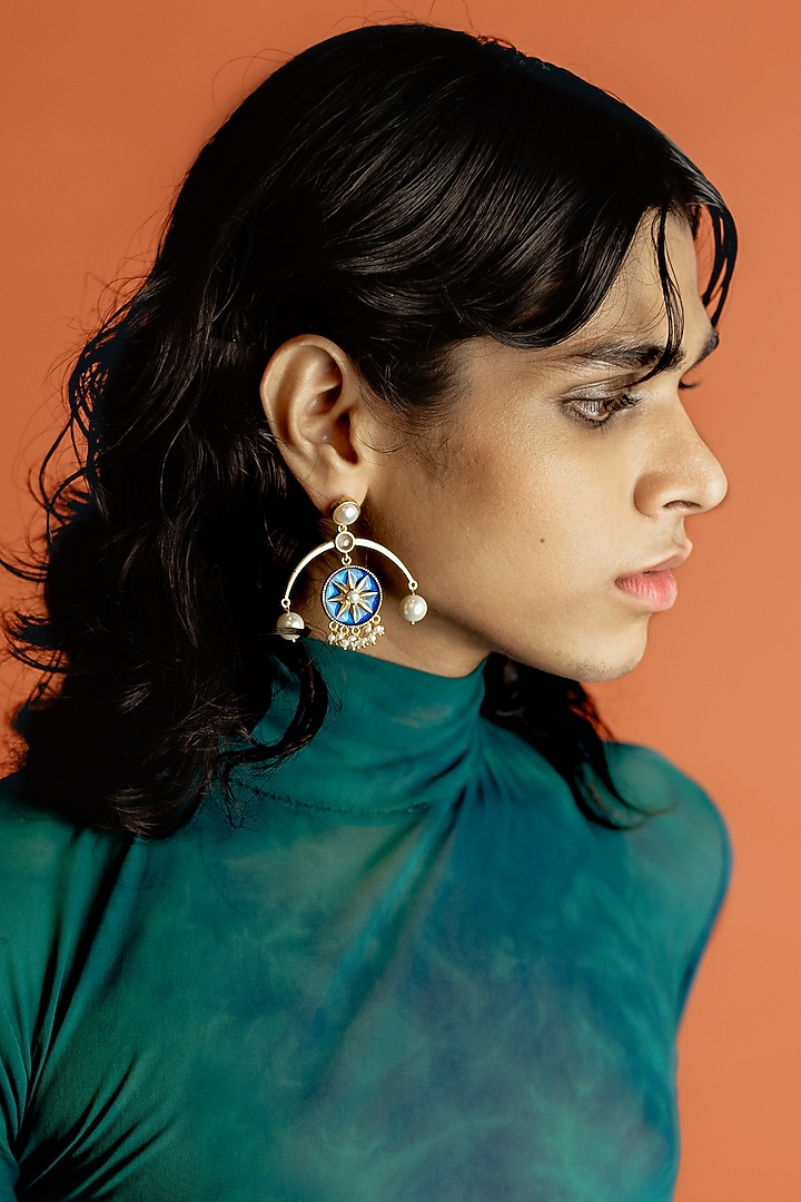 Gold Finish Pearl Arc Earrings by AMAMA at Pernia's Pop Up Shop