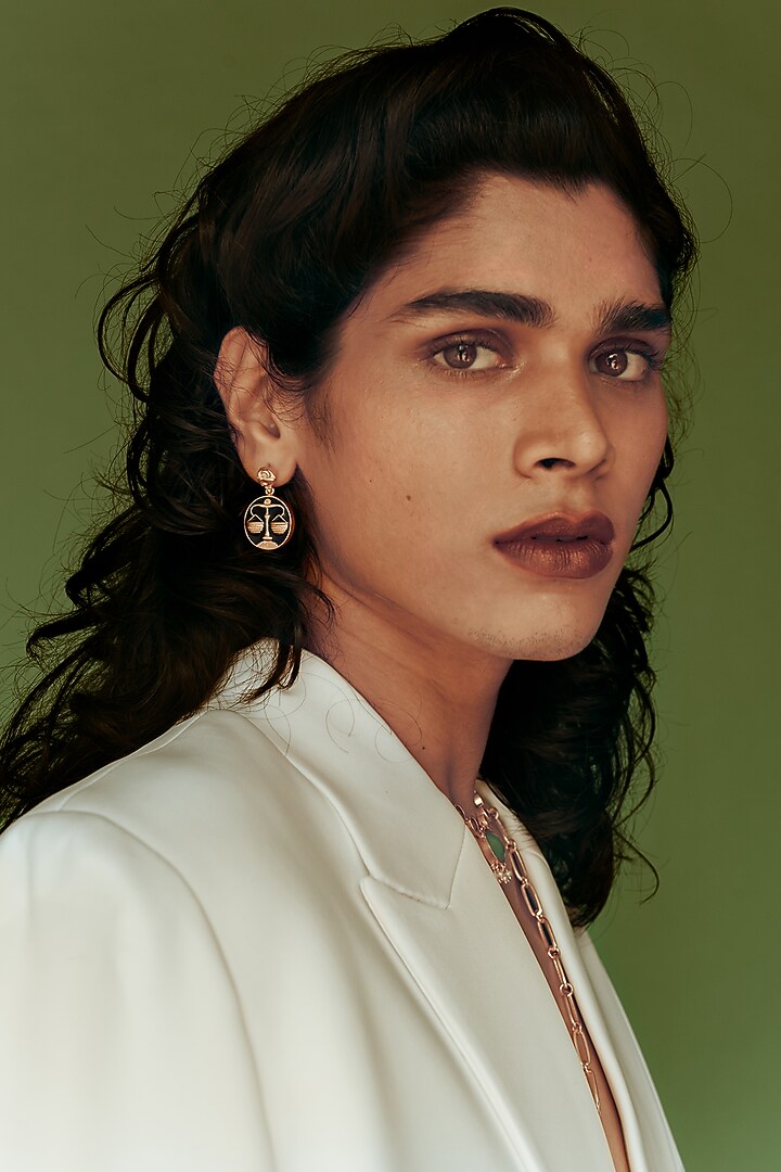 Gold Finish Libra Earrings In Brass by AMAMA at Pernia's Pop Up Shop