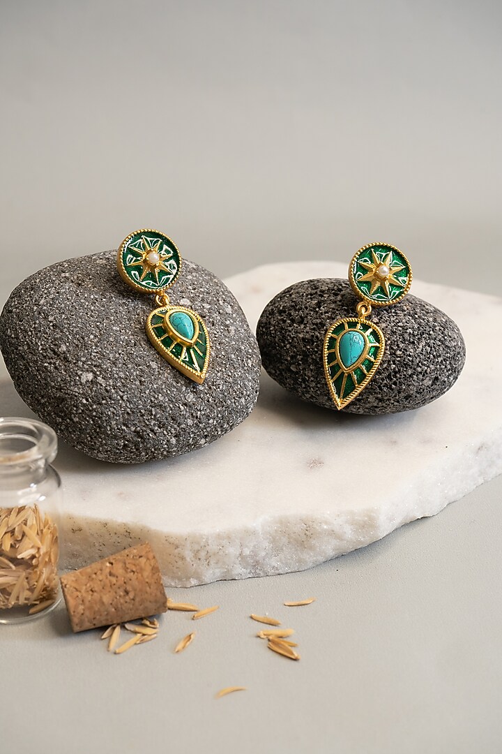 Gold Finish Enameled Chakra Earrings In Brass by AMAMA at Pernia's Pop Up Shop