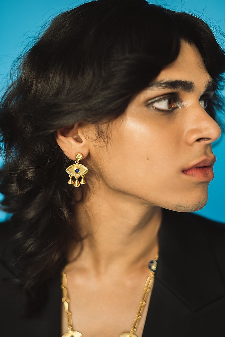 Gold Finish Evil Eye Earrings by AMAMA at Pernia's Pop Up Shop