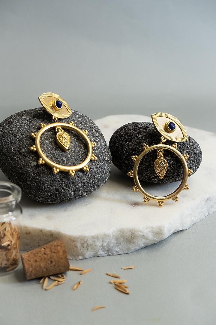 Gold Finish Evil Eye Earrings In Brass by AMAMA