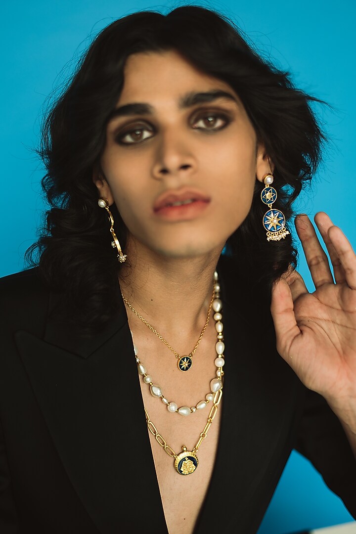 Gold Finish Pearl Chakra Earrings by AMAMA at Pernia's Pop Up Shop