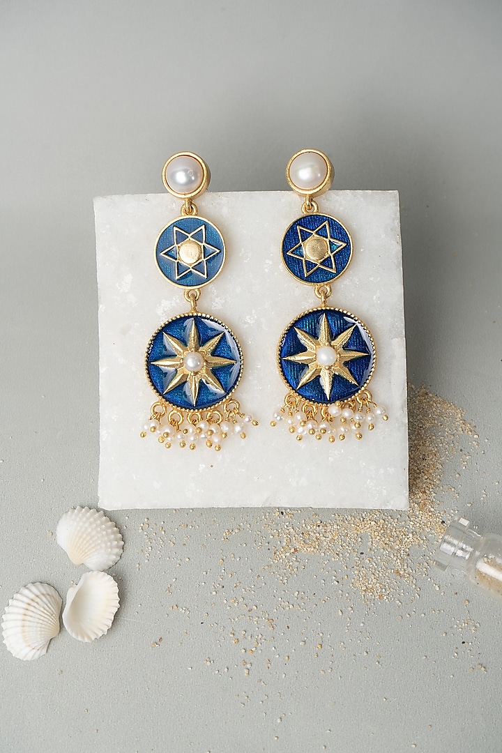 Gold Finish Chakra Earrings With Pearls by AMAMA