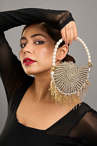 Gold Plated Faux Pearl & Zari Thread Bag by AMAMA