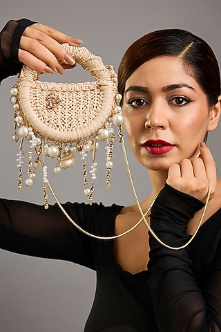 Gold Plated Faux Pearl & Glass Beaded Sling Bag by AMAMA