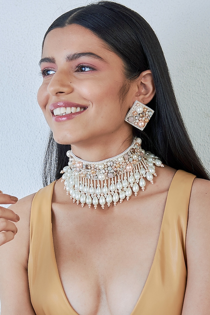 White Hand Embroidered Choker Necklace Set by AMAMA at Pernia's Pop Up Shop