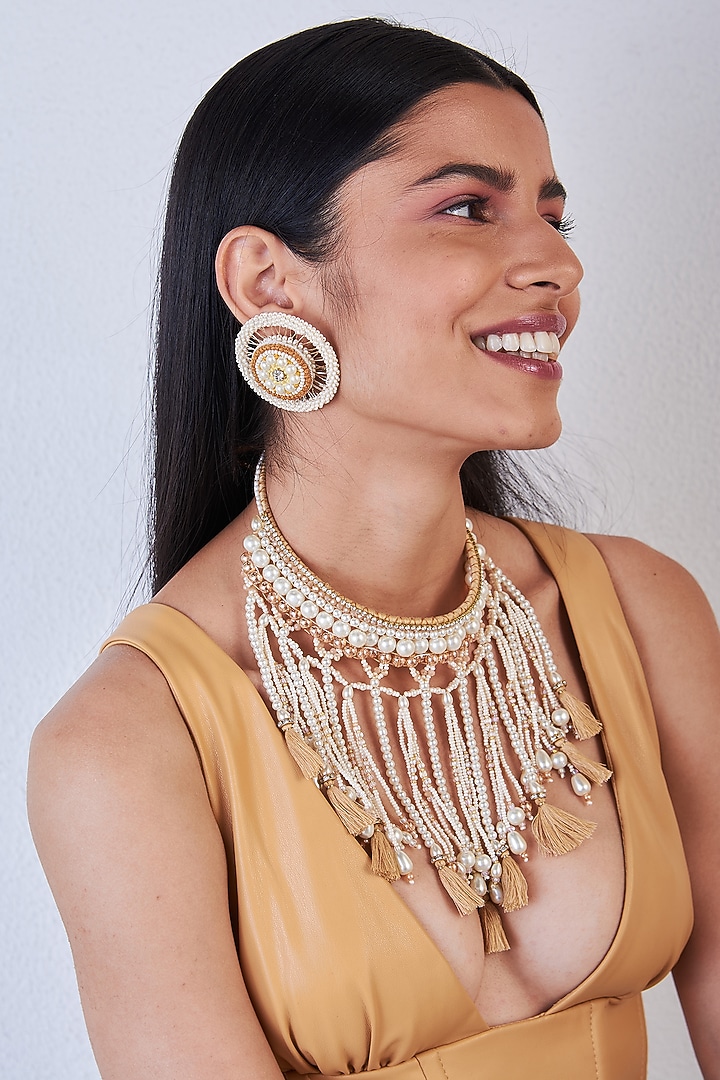 Beige Hand Embroidered Necklace Set by AMAMA at Pernia's Pop Up Shop