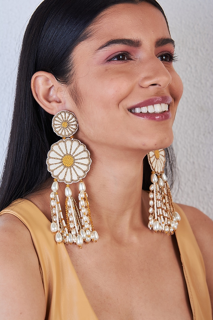 White Pearl Hand Embroidered Earrings by AMAMA at Pernia's Pop Up Shop