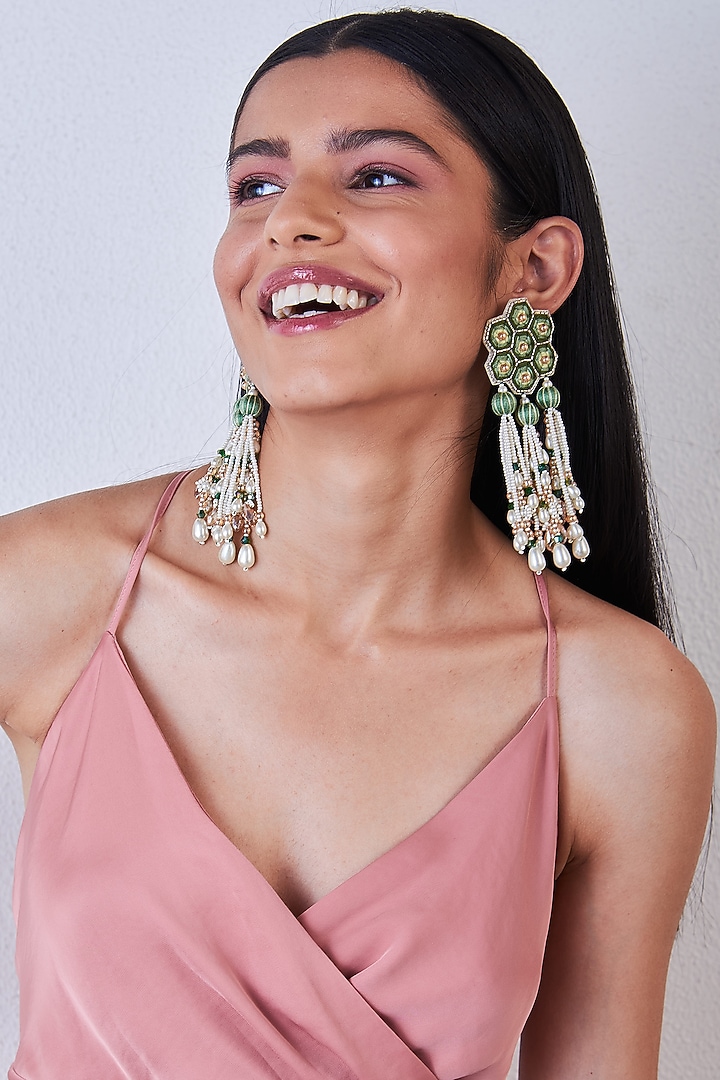 Green Pearl Hand Embroidered Earrings by AMAMA at Pernia's Pop Up Shop