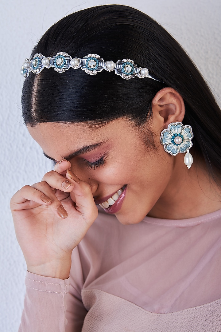 Blue Hand Embroidered Earrings by AMAMA at Pernia's Pop Up Shop