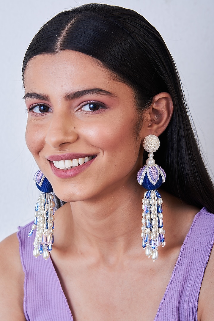 Blue & Purple Hand Embroidered Earrings by AMAMA