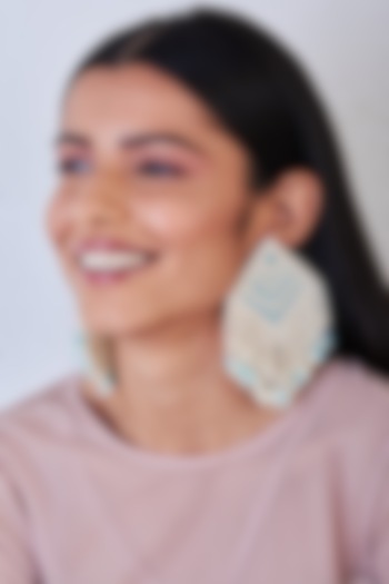 Milky White & Blue Hand Embroidered Earrings by AMAMA