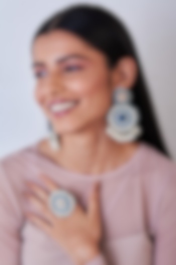 White & Blue Hand Embroidered Earrings by AMAMA