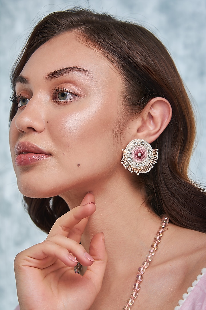 Pink & White Hand Embroidered Earrings by AMAMA