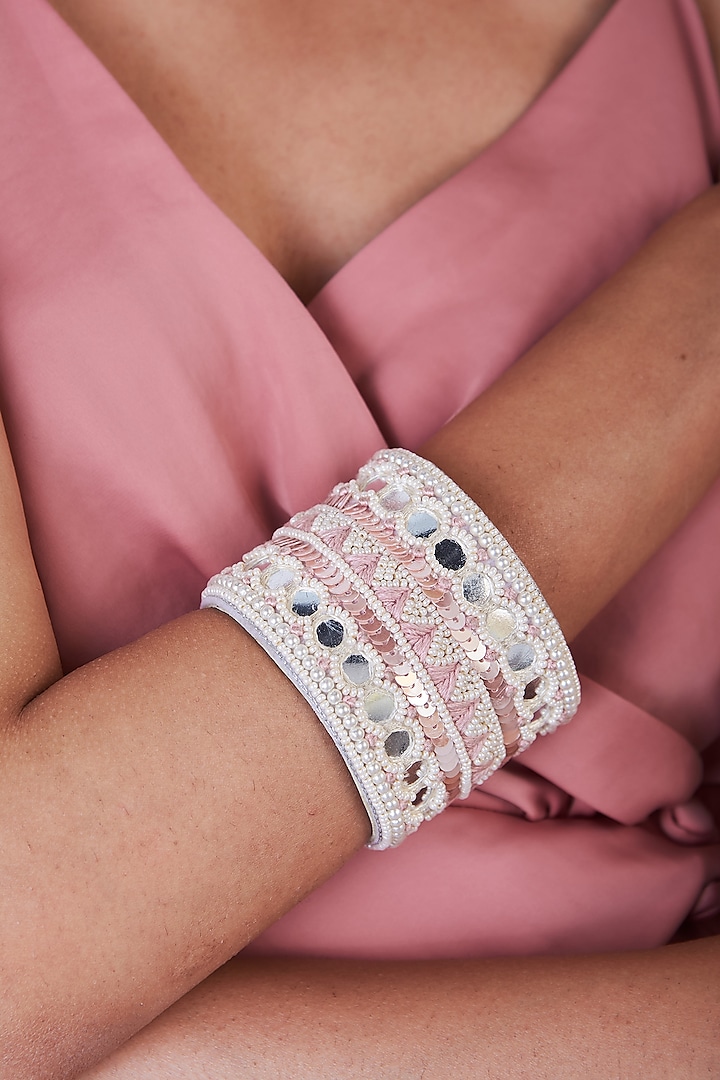 Pink & White Hand Embroidered Hand Cuff by AMAMA