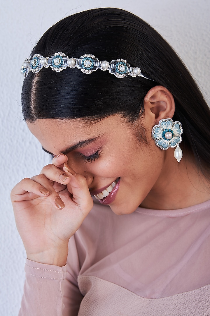 Blue Hand Embroidered Hairband by AMAMA