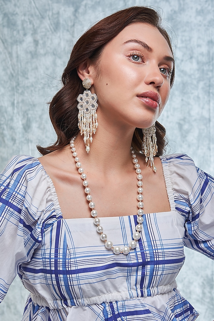 White Pearl Hand Embroidered Dangler Earrings by AMAMA