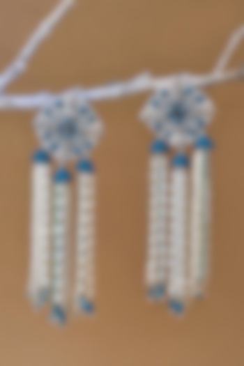 White & Blue Hand Embroidered Tasseled Earrings by AMAMA