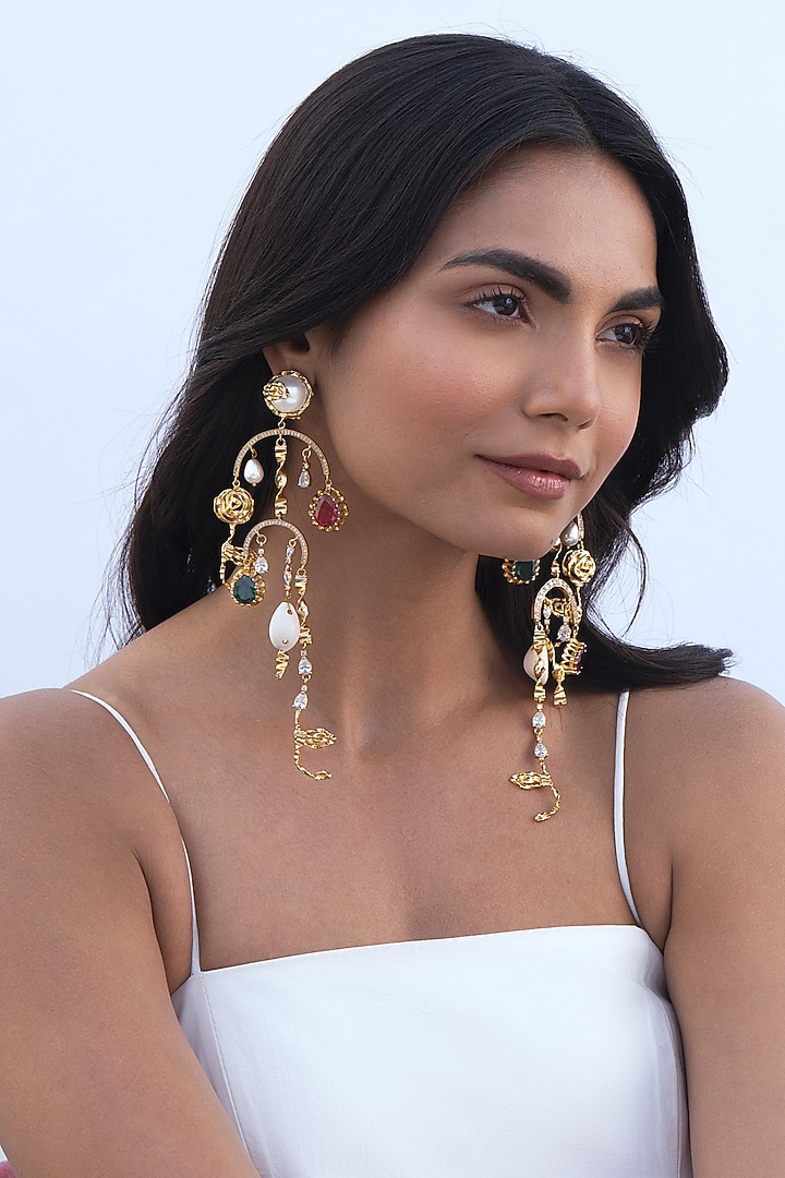 Gold Plated Cubic Zirconia & Cowrie Shell Dangler Earrings by AMAMA at Pernia's Pop Up Shop